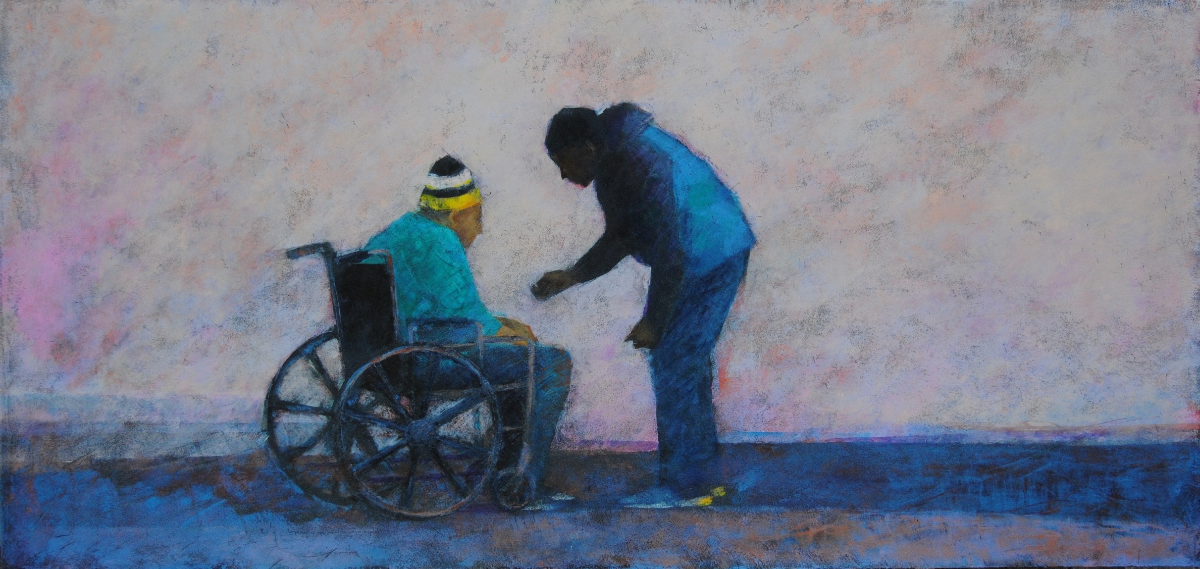 A man offeering a cigrette to another man in a wheelchair