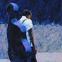 Man carrying a bass fiddle